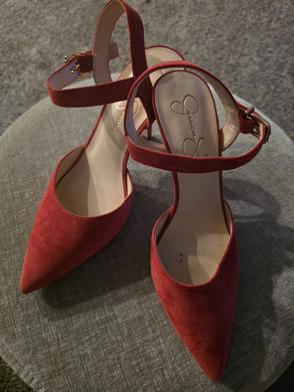 Jessica Simpson Red Pointed-Toe Ankle-Strap Pumps with Gold Buckles